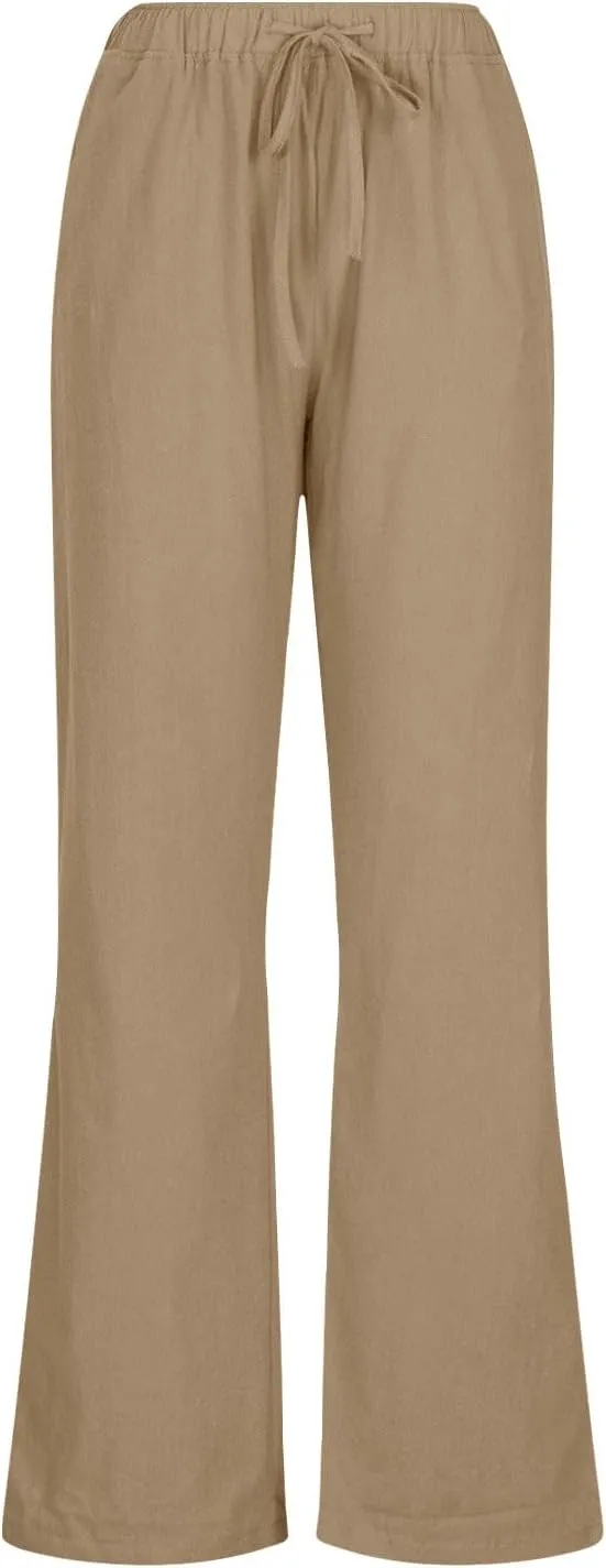 Linen Pants Women Vacation Casual Loose Drawsting Waist Pants Wide Leg Pants Cotton Linen Palazzo Pants with Pockets