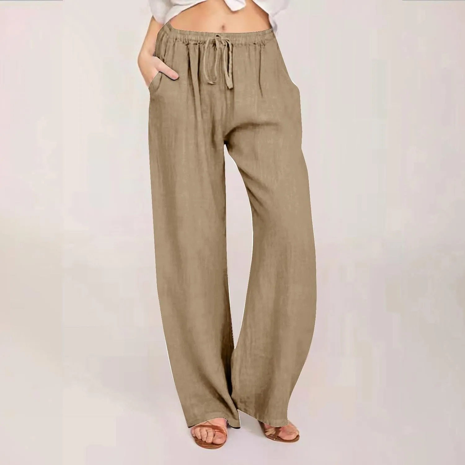 Linen Pants Women Vacation Casual Loose Drawsting Waist Pants Wide Leg Pants Cotton Linen Palazzo Pants with Pockets