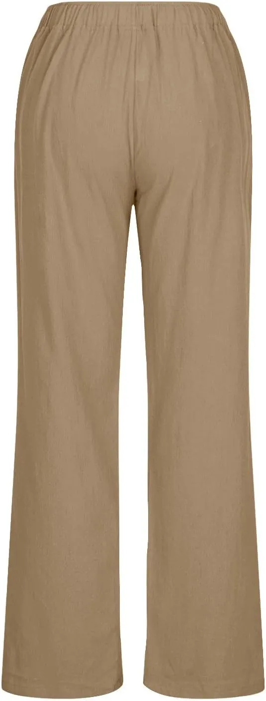 Linen Pants Women Vacation Casual Loose Drawsting Waist Pants Wide Leg Pants Cotton Linen Palazzo Pants with Pockets