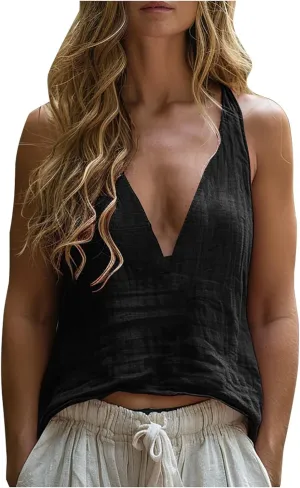 Linen Shirt for Women 2025 Fashion Vintage V Neck Sleeveless Tank Tops Summer Solid Loose Boho Beach Vacation Blouse