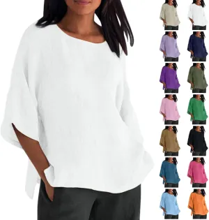 Linen Shirts for Women 3/4 Sleeve Loose Fit Summer Tops Plus Size Crew Neck Blouse Casual Cotton Linen T Shirts