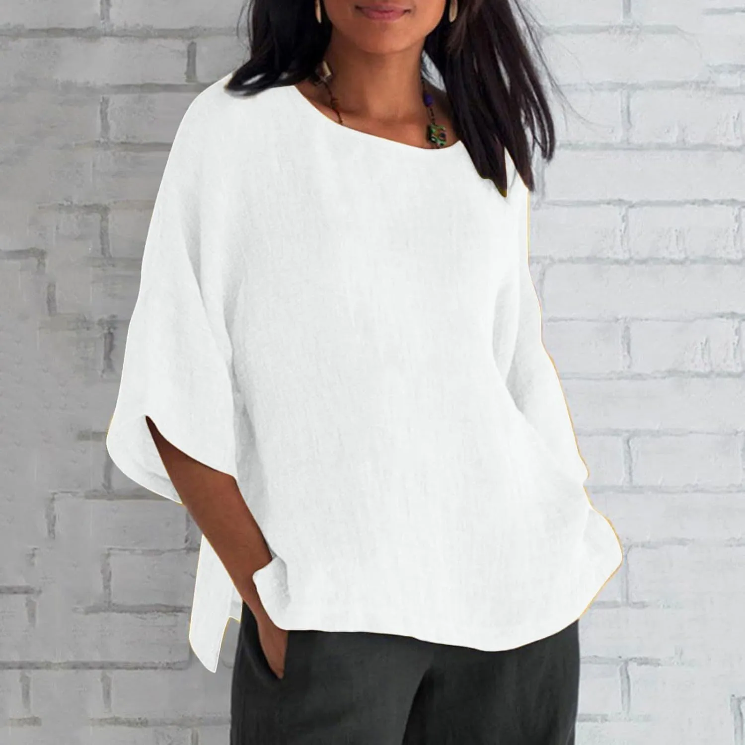 Linen Shirts for Women 3/4 Sleeve Loose Fit Summer Tops Plus Size Crew Neck Blouse Casual Cotton Linen T Shirts