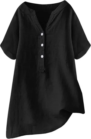 Linen Shirts for Women Linen Button Down Shirt Summer Short Sleeve Boho Plus Size Top Tunic Dressy Peasant Blouses
