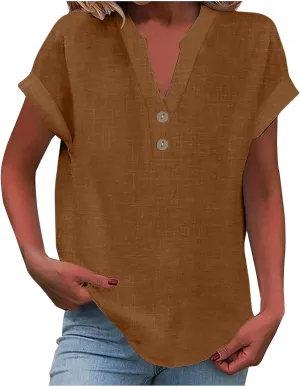 Linen Shirts for Women Summer,Short Sleeve V Neck Loose Fit Tops Casual Tshirt Button Down Soft Tunic Blouses 2025