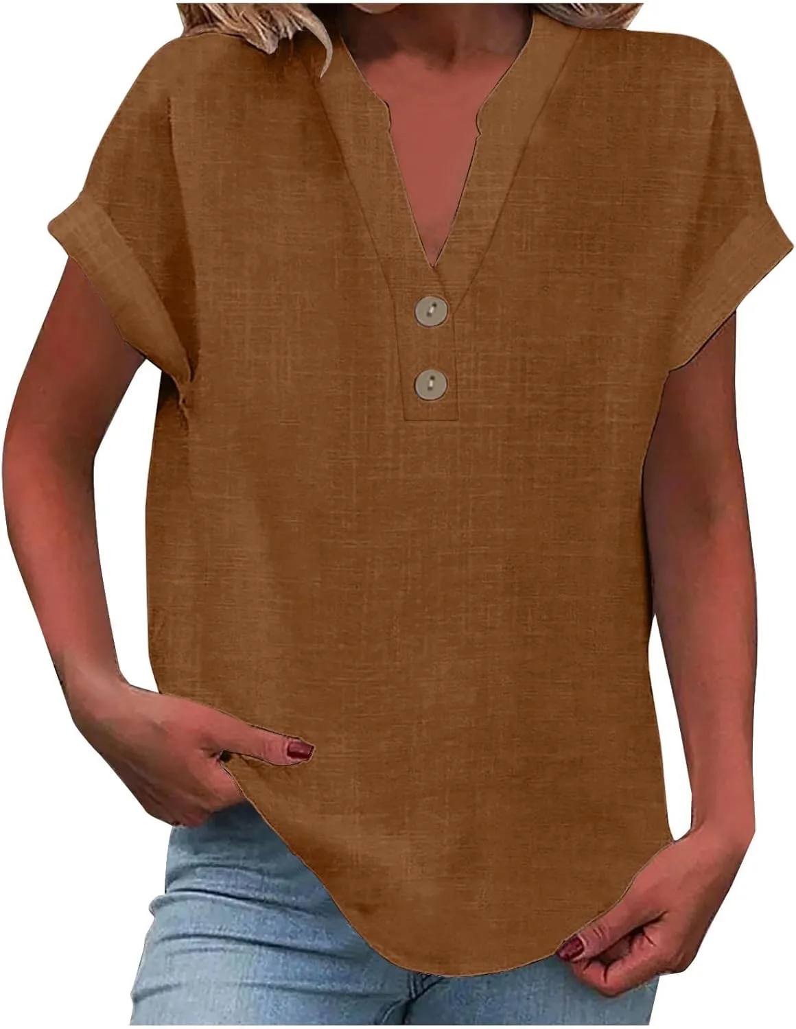 Linen Shirts for Women Summer,Short Sleeve V Neck Loose Fit Tops Casual Tshirt Button Down Soft Tunic Blouses 2025