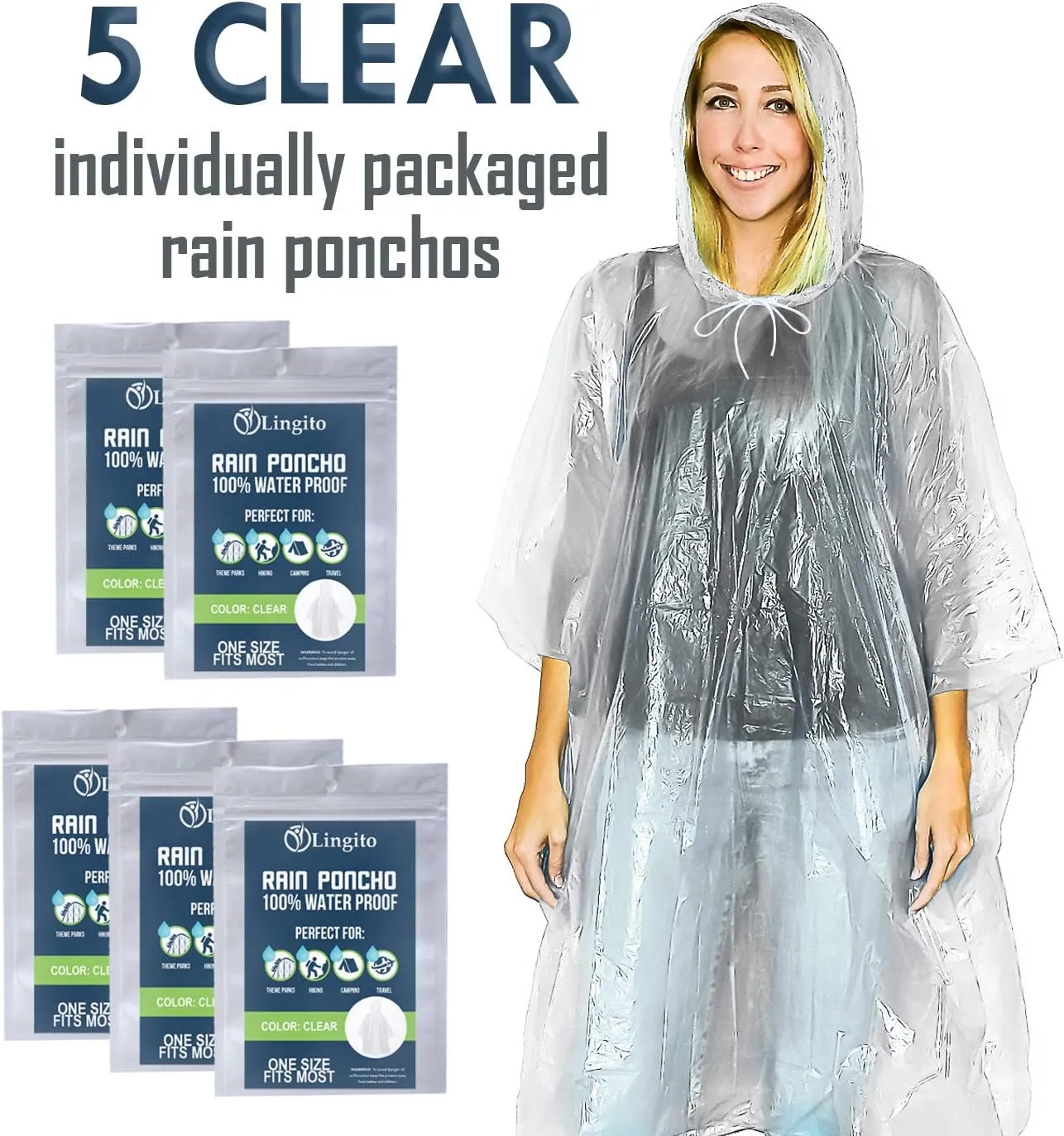 Lingito Clear Emergency Rain Ponchos Adults, Thicker, 100% Waterproof Emergency Camping Rain Poncho, Amusement Parks, Hikes
