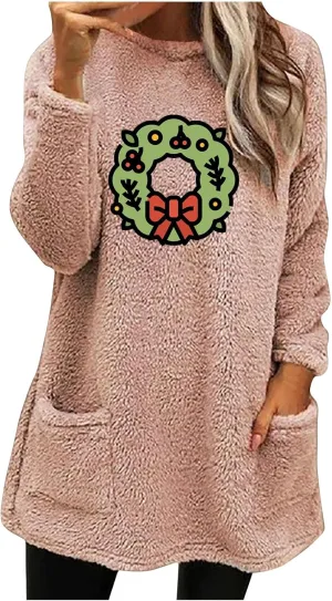 Long Fleece Sweatshirt for Women Fashion Graphic Sweater Tops Sherpa Linend Pullover with Pockets Long Sleeve Tunic