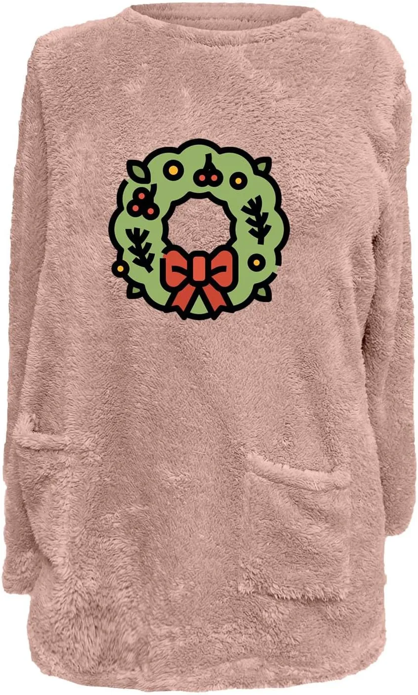 Long Fleece Sweatshirt for Women Fashion Graphic Sweater Tops Sherpa Linend Pullover with Pockets Long Sleeve Tunic