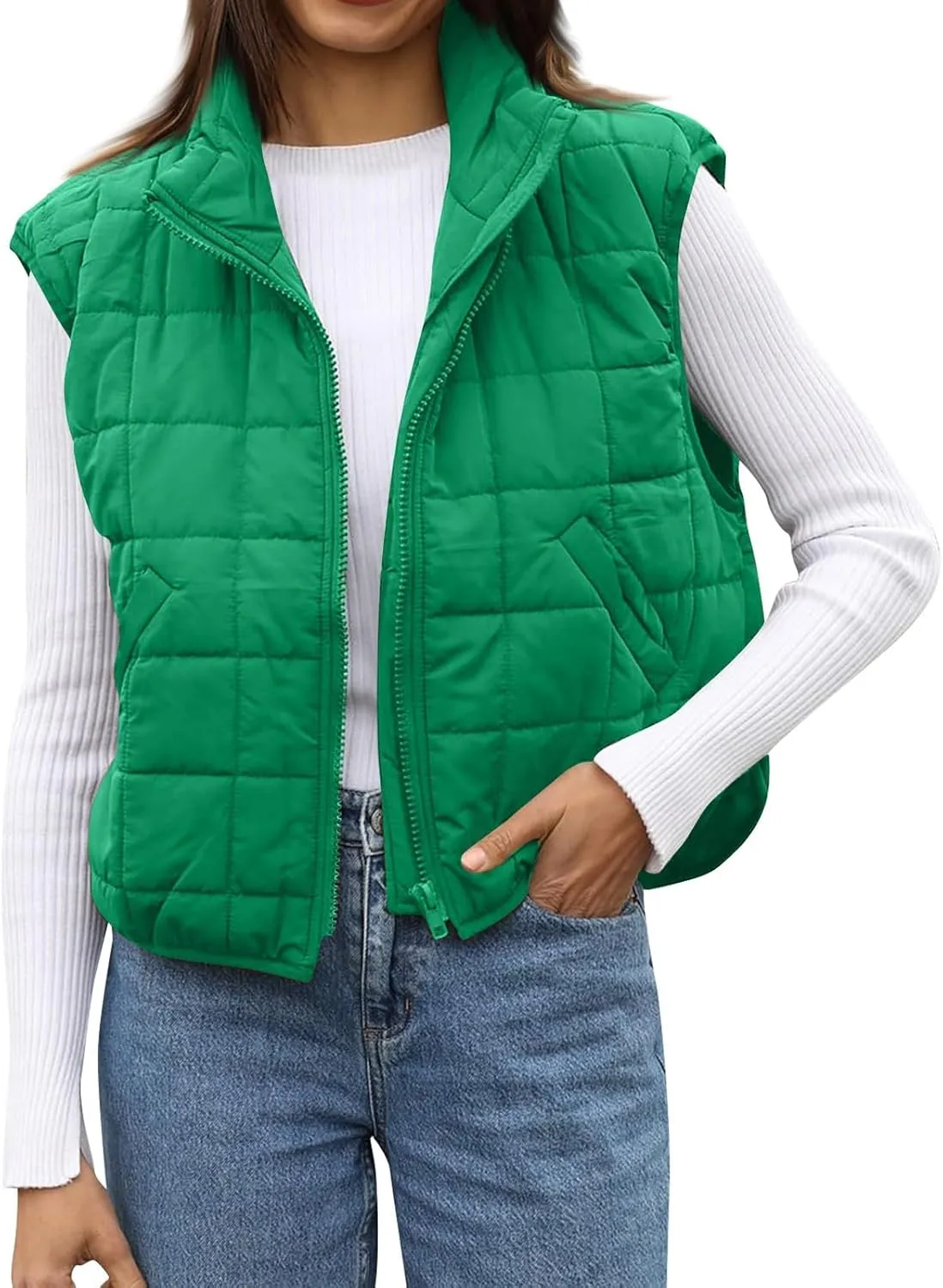 Long Fleece Vests For Women 2024 Trendy Puffer Zip Up Sleeveless Hoodie Jacket Quilted Vest Padded Coat Outerwear
