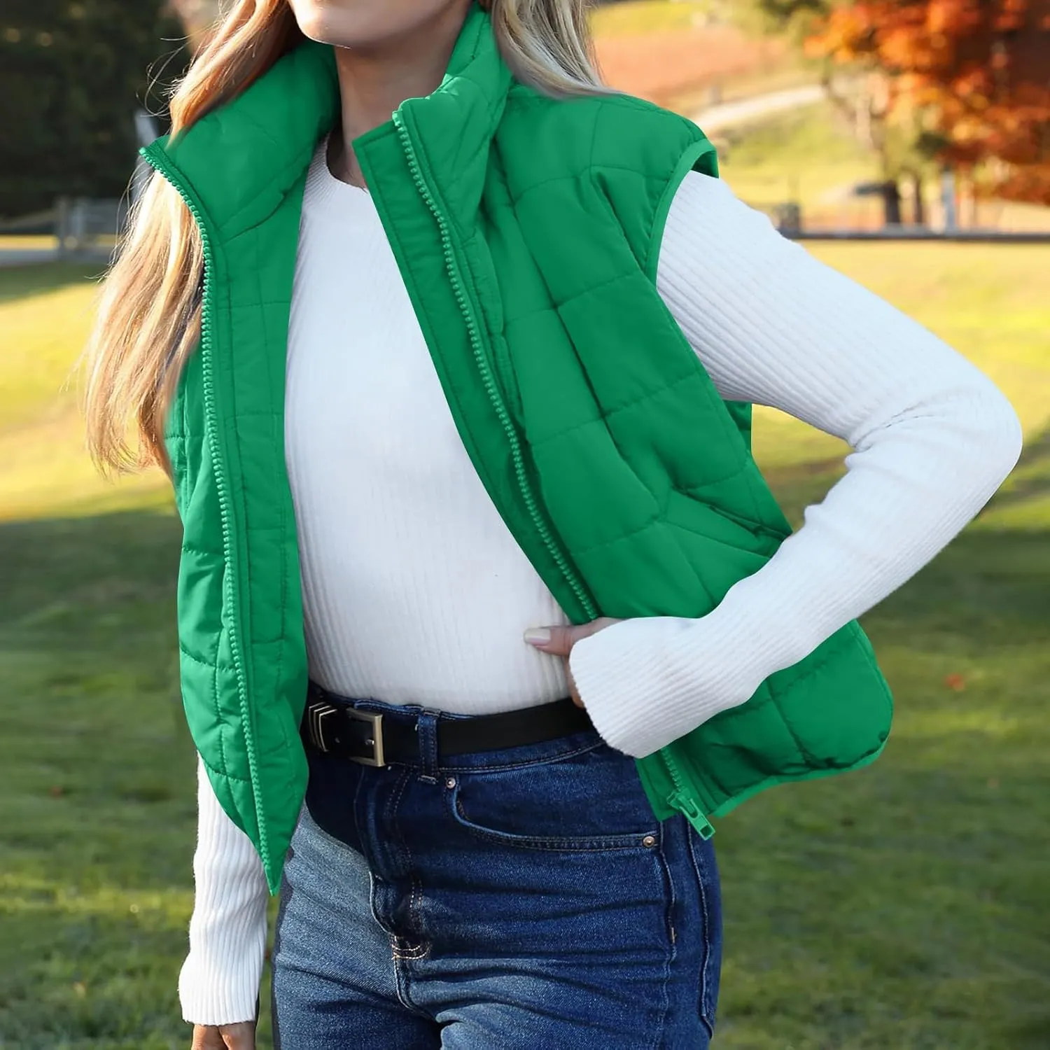 Long Fleece Vests For Women 2024 Trendy Puffer Zip Up Sleeveless Hoodie Jacket Quilted Vest Padded Coat Outerwear