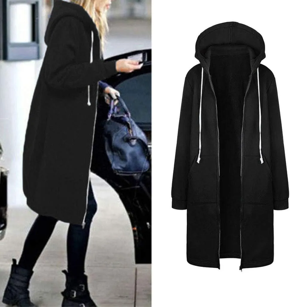 Long Hoodie for Women 2024 Casual Zip Up Drawstring Fleece Sweatshirt Oversized Jackets Coat Lightweight Fall Clothes