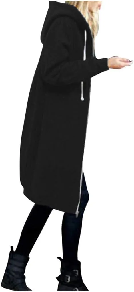 Long Hoodie for Women 2024 Casual Zip Up Drawstring Fleece Sweatshirt Oversized Jackets Coat Lightweight Fall Clothes