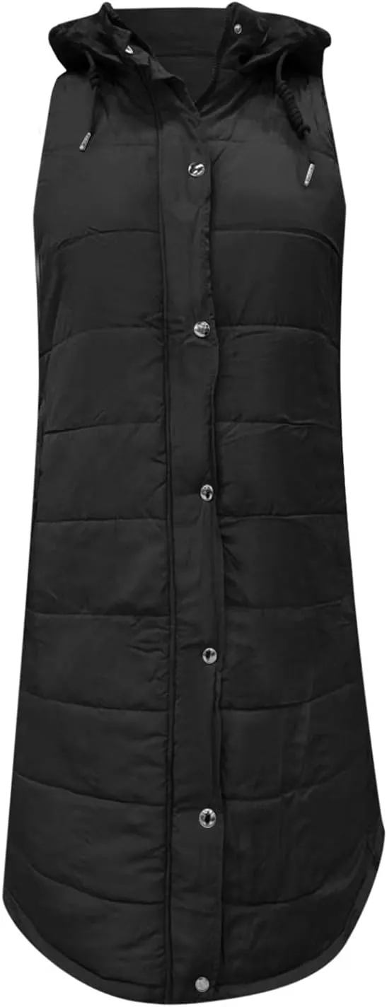 Long Puffer Vest Women with Hood Zipper Sleeveless Jacket Down Jacket Vest Winter Warm Thickened Coat Outerwear