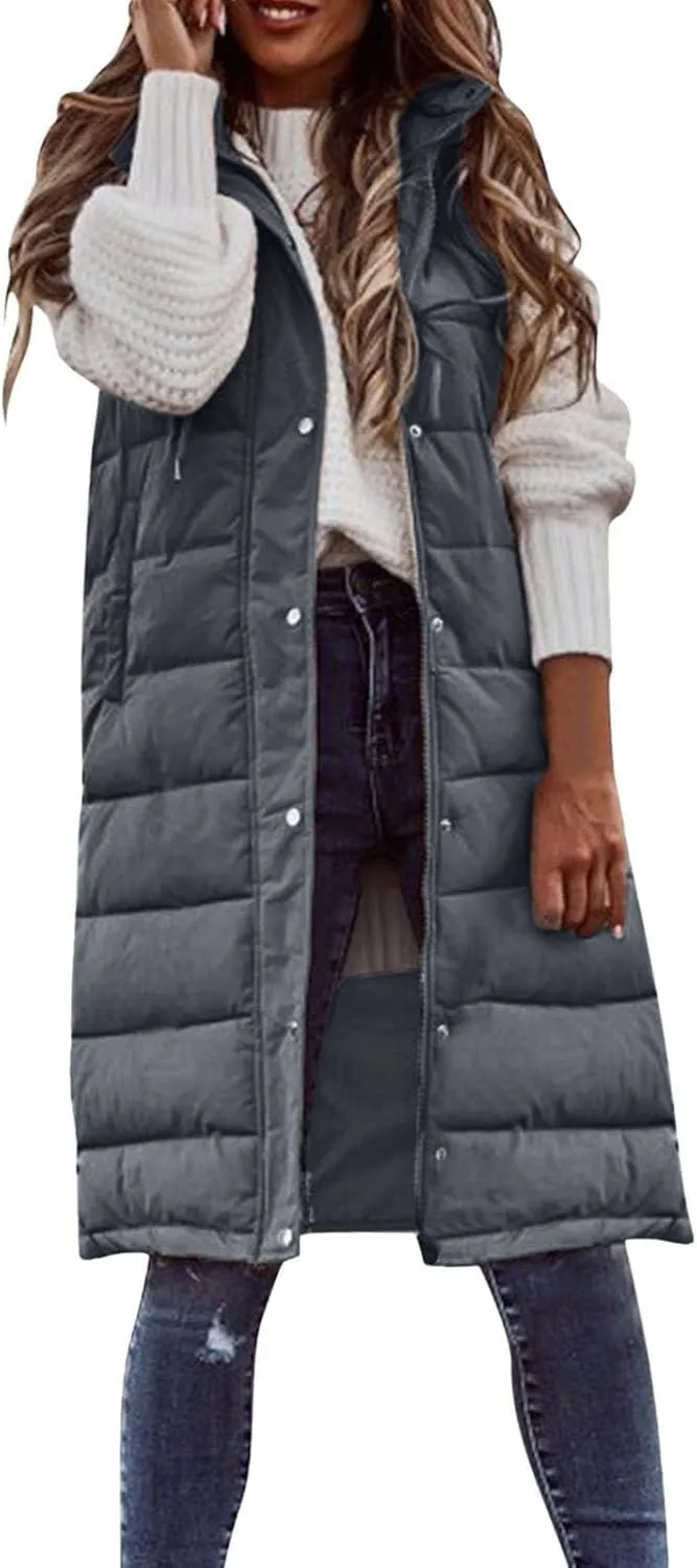 Long Puffer Vest Women with Hood Zipper Sleeveless Jacket Down Jacket Vest Winter Warm Thickened Coat Outerwear