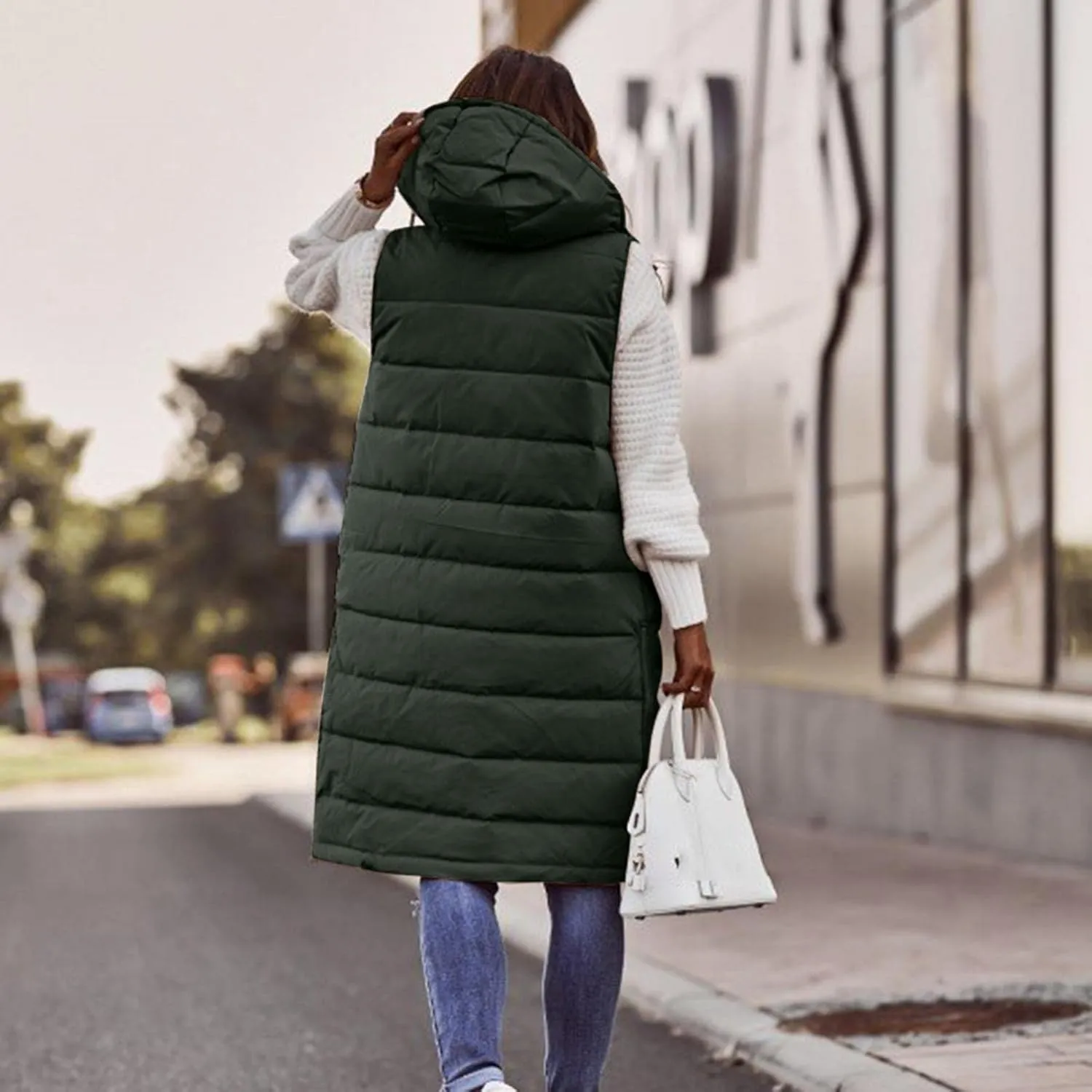 Long Puffer Vest Women with Hood Zipper Sleeveless Jacket Down Jacket Vest Winter Warm Thickened Coat Outerwear