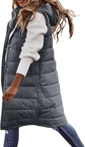 Long Puffer Vest Women with Hood Zipper Sleeveless Jacket Down Jacket Vest Winter Warm Thickened Coat Outerwear
