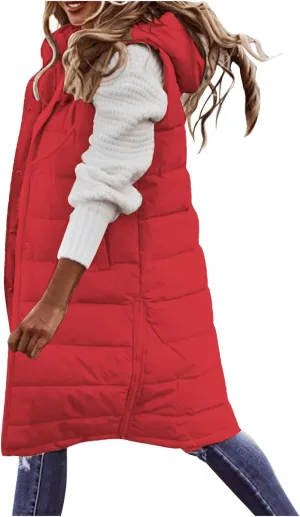Long Puffer Vest Women with Hood Zipper Sleeveless Jacket Down Jacket Vest Winter Warm Thickened Coat Outerwear