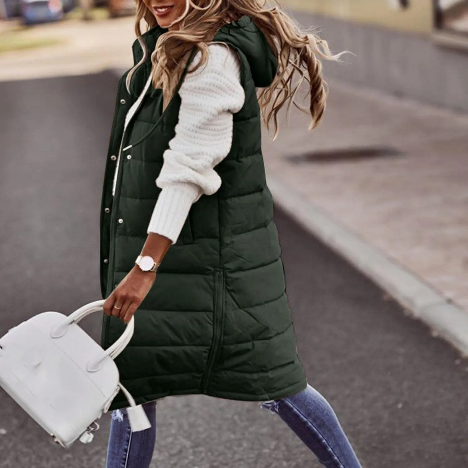 Long Puffer Vest Women with Hood Zipper Sleeveless Jacket Down Jacket Vest Winter Warm Thickened Coat Outerwear