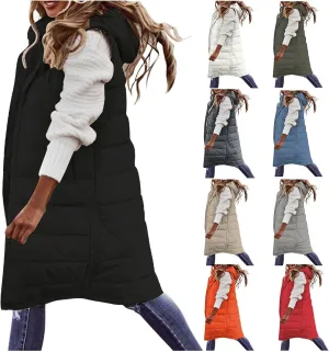 Long Puffer Vest Women with Hood Zipper Sleeveless Jacket Down Jacket Vest Winter Warm Thickened Coat Outerwear