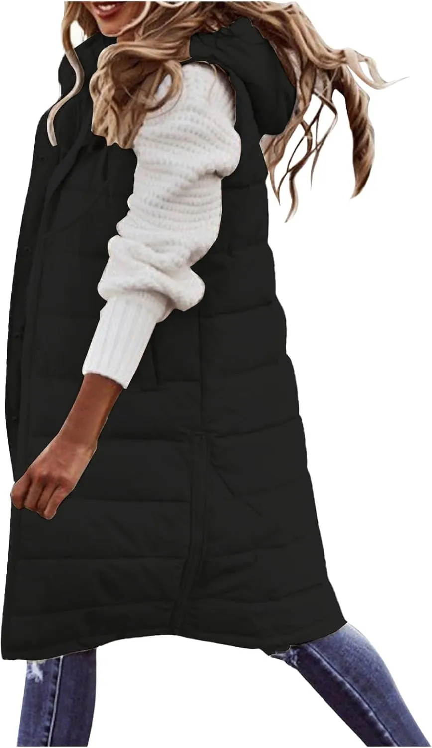 Long Puffer Vest Women with Hood Zipper Sleeveless Jacket Down Jacket Vest Winter Warm Thickened Coat Outerwear