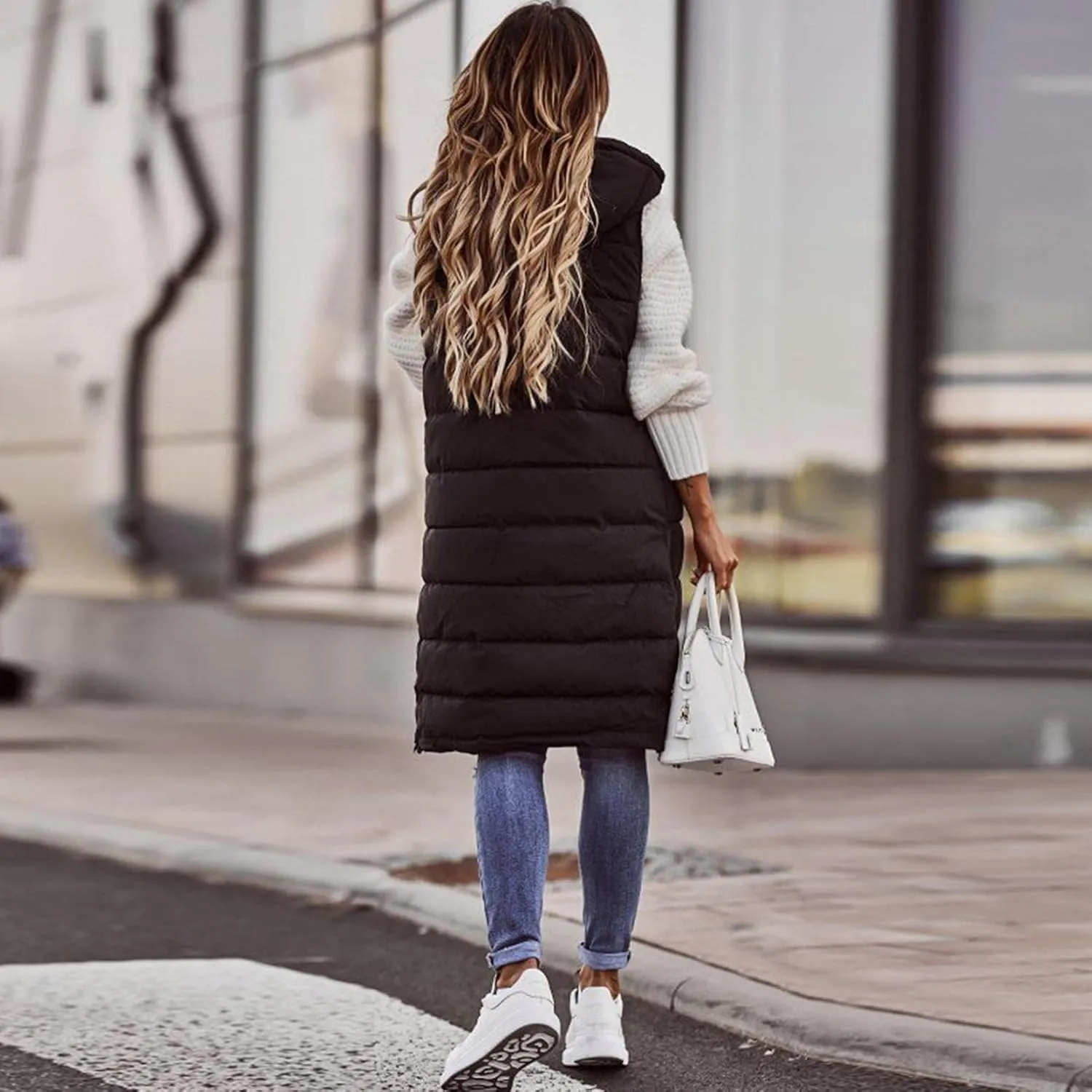 Long Puffer Vest Women with Hood Zipper Sleeveless Jacket Down Jacket Vest Winter Warm Thickened Coat Outerwear