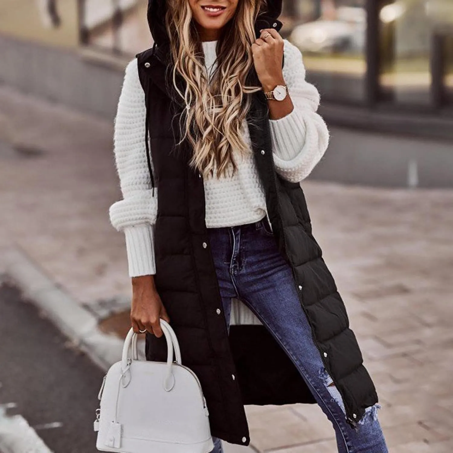 Long Puffer Vest Women with Hood Zipper Sleeveless Jacket Down Jacket Vest Winter Warm Thickened Coat Outerwear