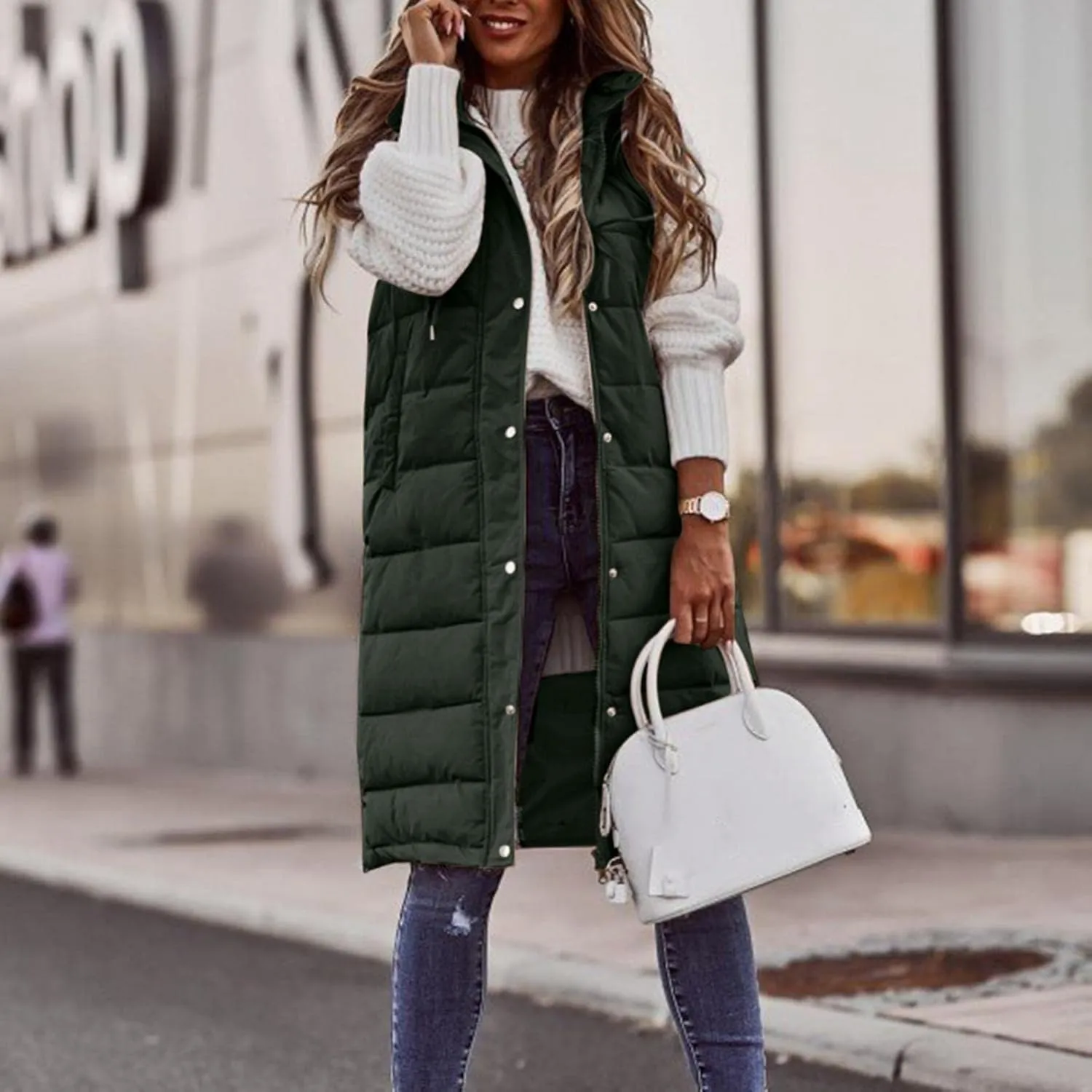 Long Puffer Vest Women with Hood Zipper Sleeveless Jacket Down Jacket Vest Winter Warm Thickened Coat Outerwear