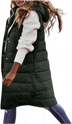 Long Puffer Vest Women with Hood Zipper Sleeveless Jacket Down Jacket Vest Winter Warm Thickened Coat Outerwear