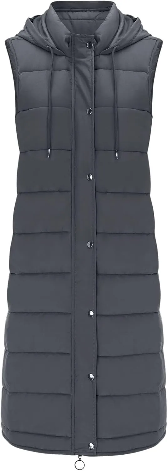 Long Puffer Vest Women with Hood Zipper Sleeveless Jacket Down Jacket Vest Winter Warm Thickened Coat Outerwear