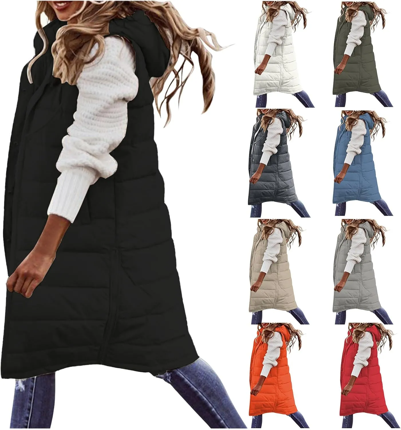 Long Puffer Vest Women with Hood Zipper Sleeveless Jacket Down Jacket Vest Winter Warm Thickened Coat Outerwear