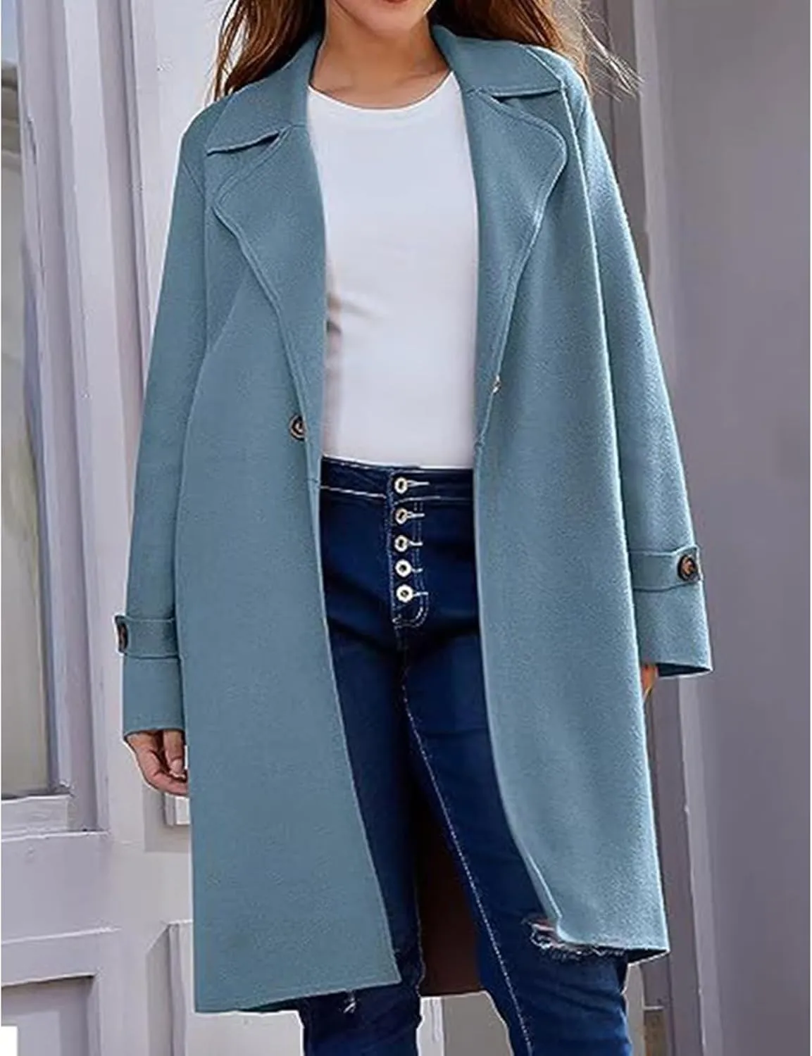Long Trench Coat for Women Casual Single Breasted Coat Long Sleeve Oversized Wool Blend Peacoat Overcoat with Pocket