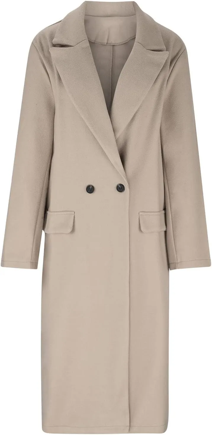 Long Trench Coats for Women Winter Jacket with Pocket Wool Blend Peacoat Notched Lapel Single Coats