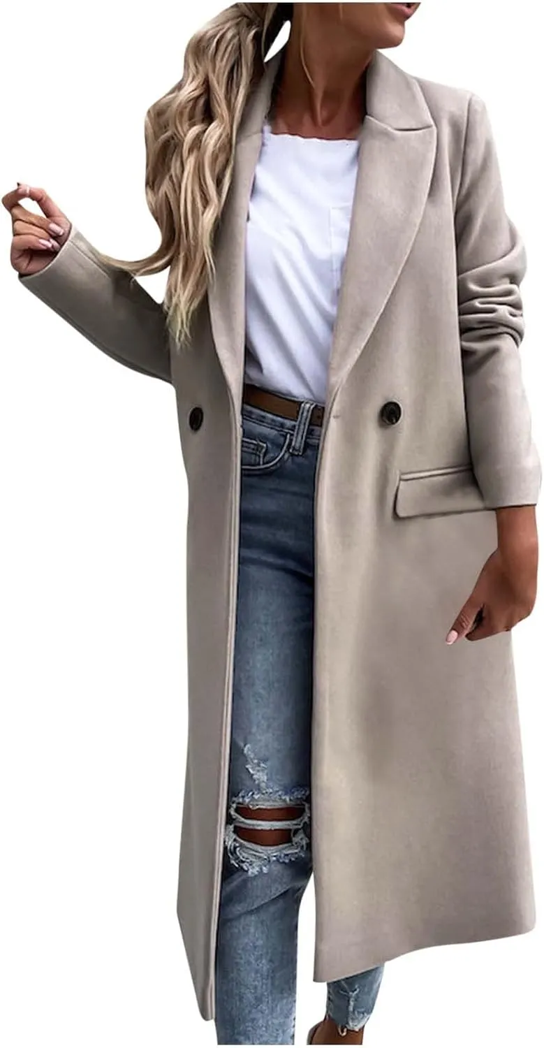 Long Trench Coats for Women Winter Jacket with Pocket Wool Blend Peacoat Notched Lapel Single Coats