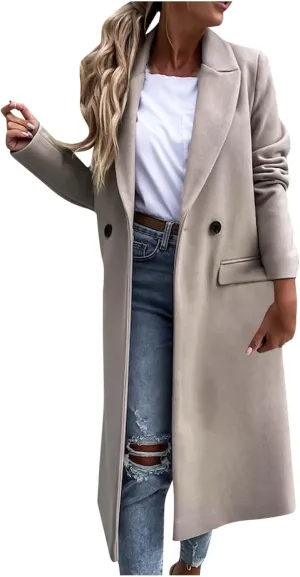 Long Trench Coats for Women Winter Jacket with Pocket Wool Blend Peacoat Notched Lapel Single Coats