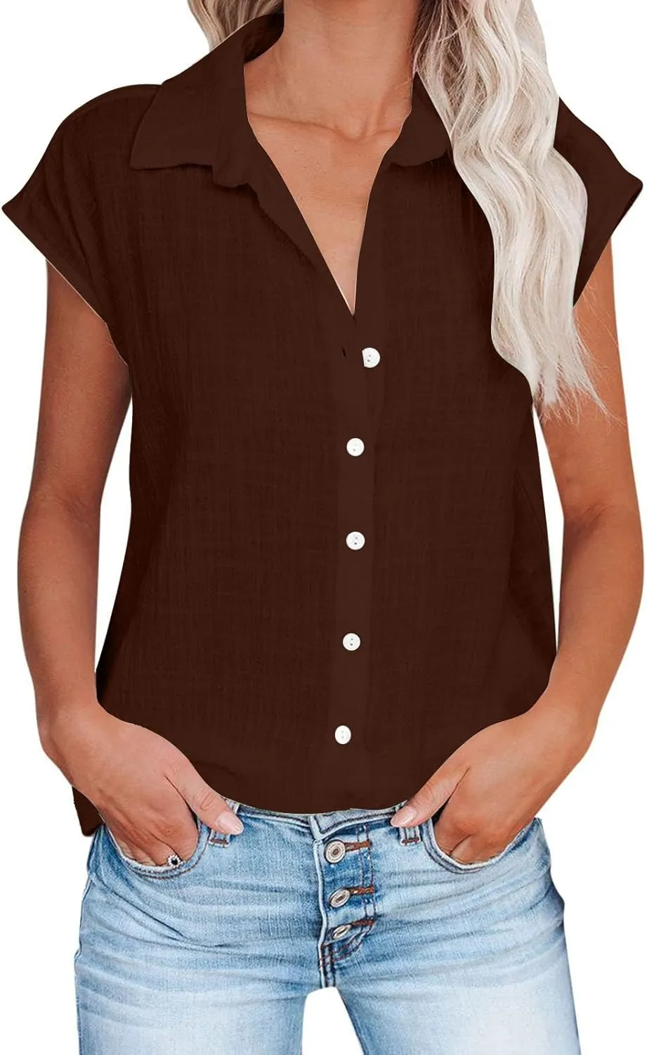LRMQS Linen Shirts for Women Summer 2024 Button Down Lapel Cap Sleeve Shirt Tops Casual Beach Trendy Cotton Gauze Clothing