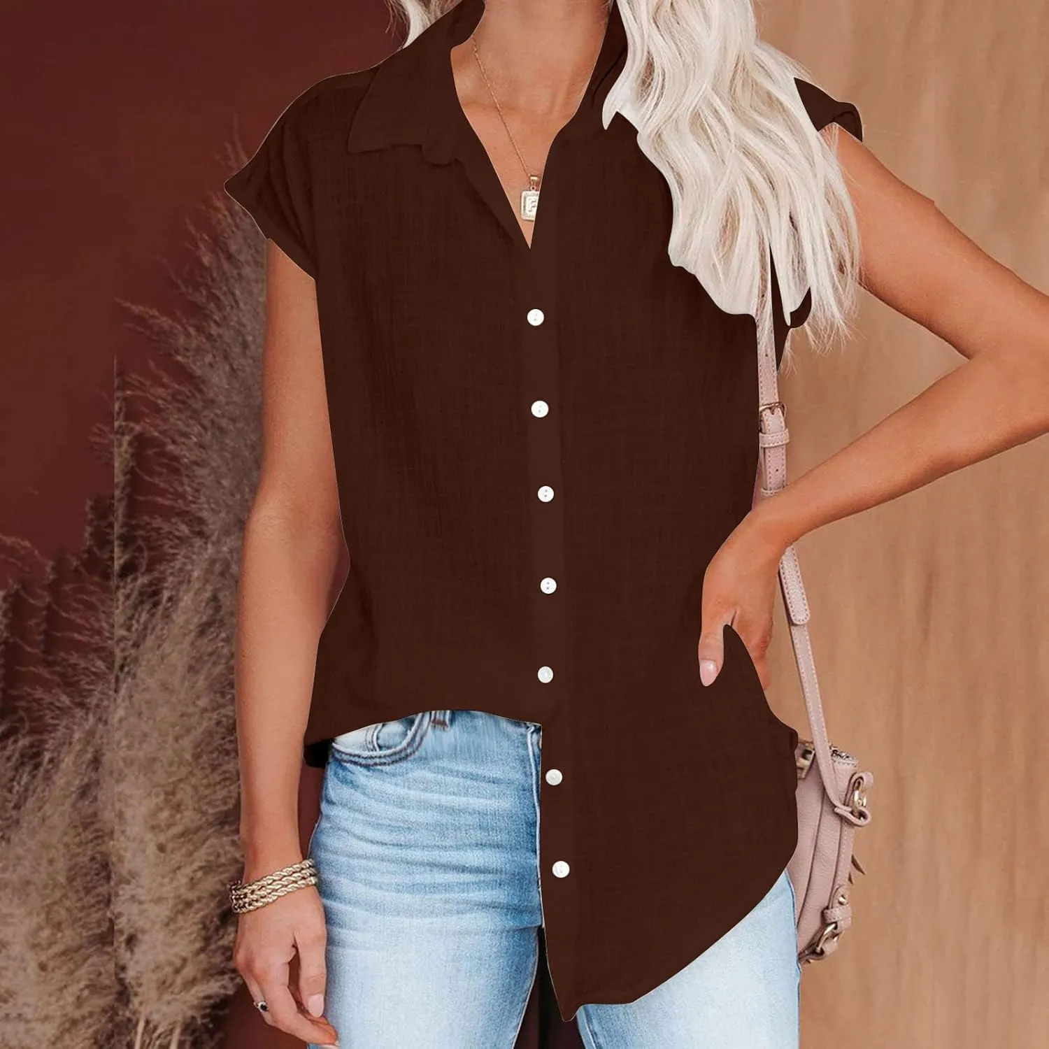 LRMQS Linen Shirts for Women Summer 2024 Button Down Lapel Cap Sleeve Shirt Tops Casual Beach Trendy Cotton Gauze Clothing