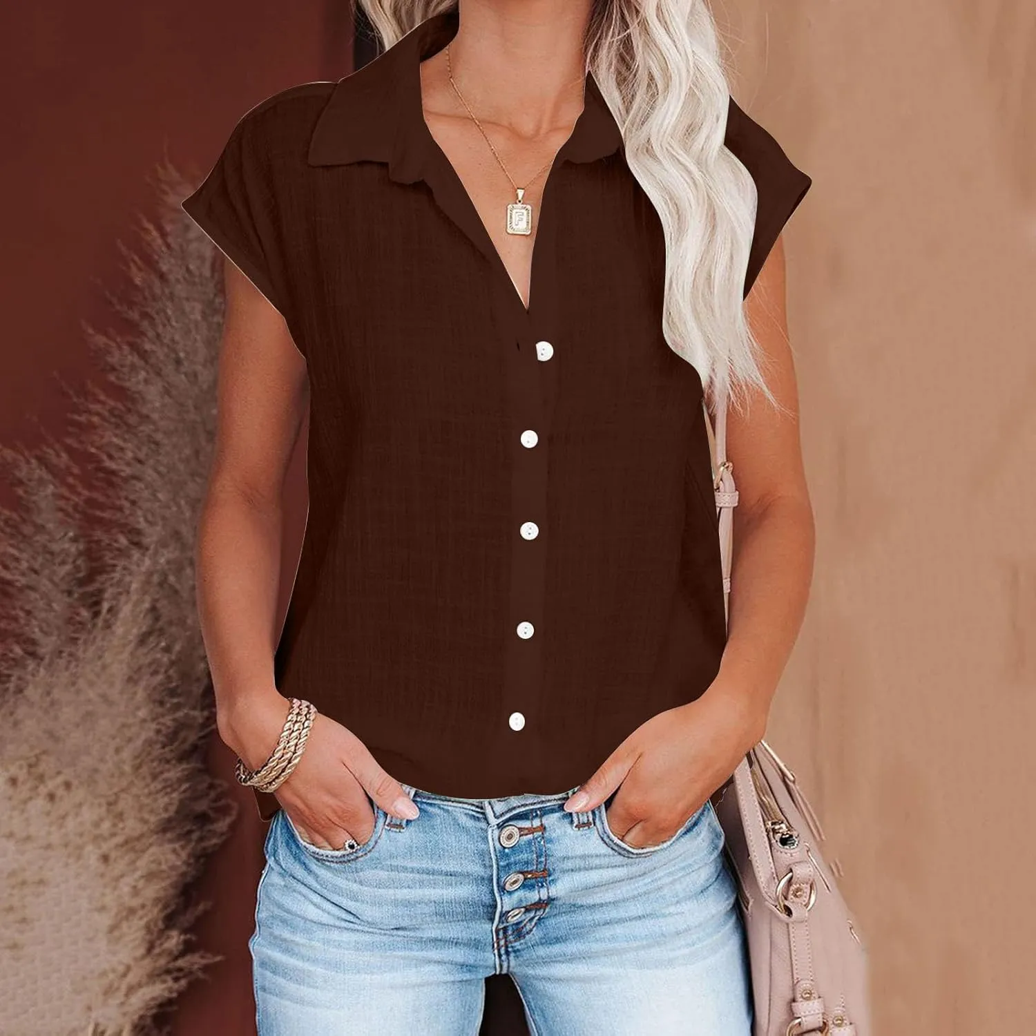 LRMQS Linen Shirts for Women Summer 2024 Button Down Lapel Cap Sleeve Shirt Tops Casual Beach Trendy Cotton Gauze Clothing