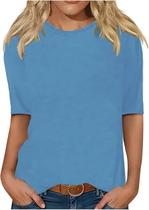 LRMQS Womens 2025 Half Sleeve Tshirt Tops Solid Color Summer Spring Fashion Crewneck Blouse Tee Trendy Woman Clothing