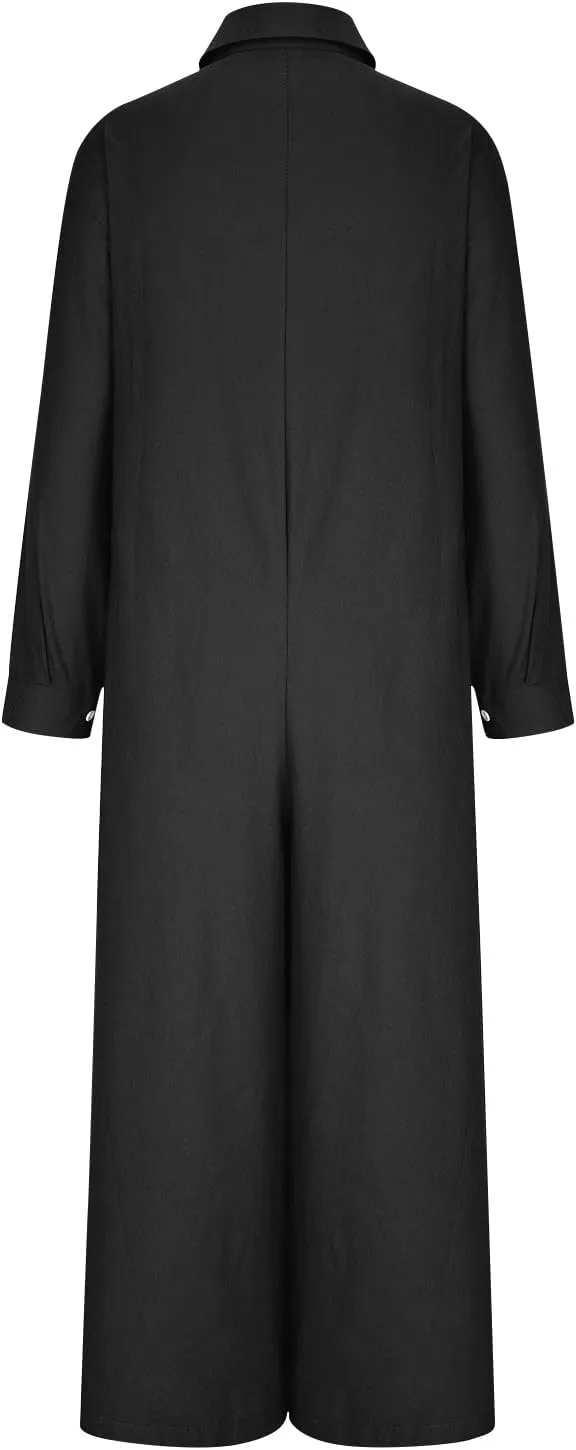 maisdgop Rompers for Women Linen Button down Long Sleeve Wide Leg Jumpsuit Beach Palazzo Pants Casual One Piece Jumpsuits