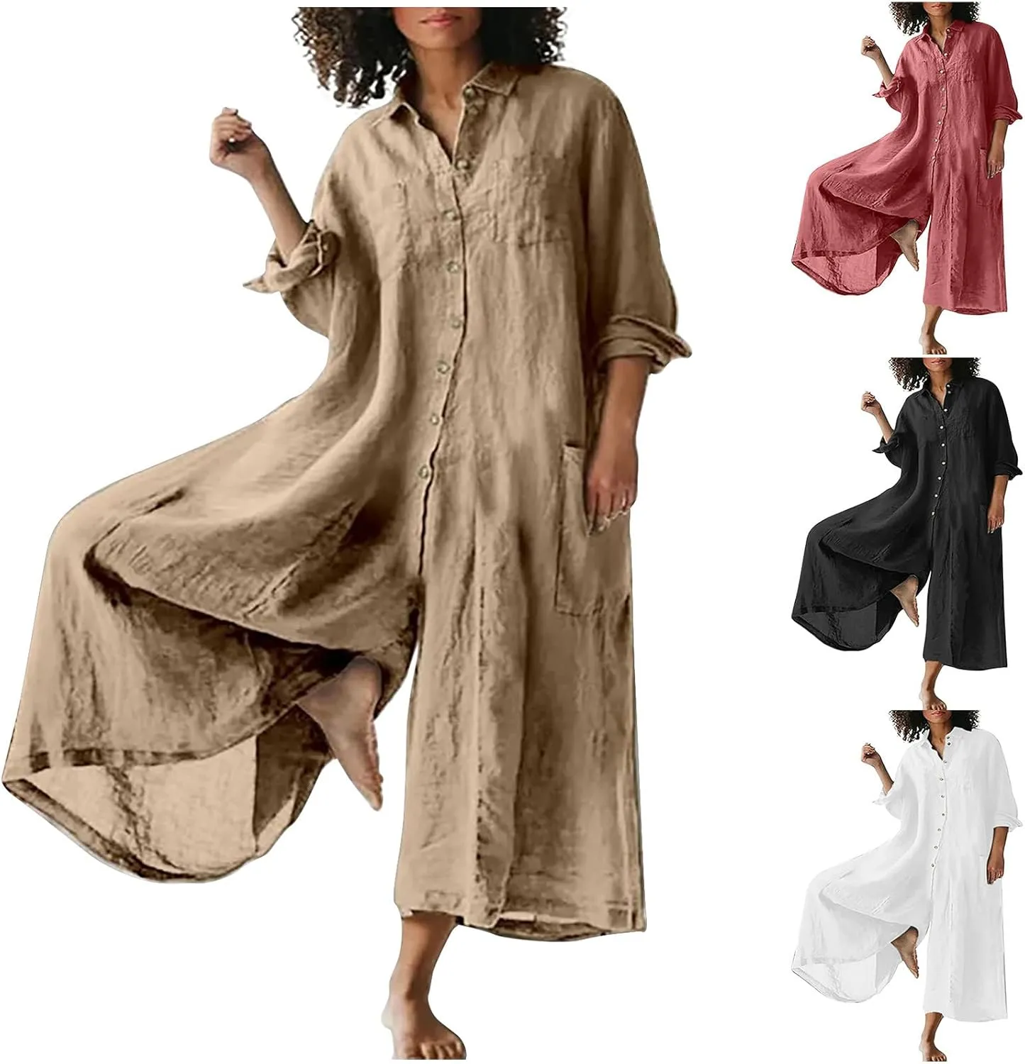 maisdgop Rompers for Women Linen Button down Long Sleeve Wide Leg Jumpsuit Beach Palazzo Pants Casual One Piece Jumpsuits