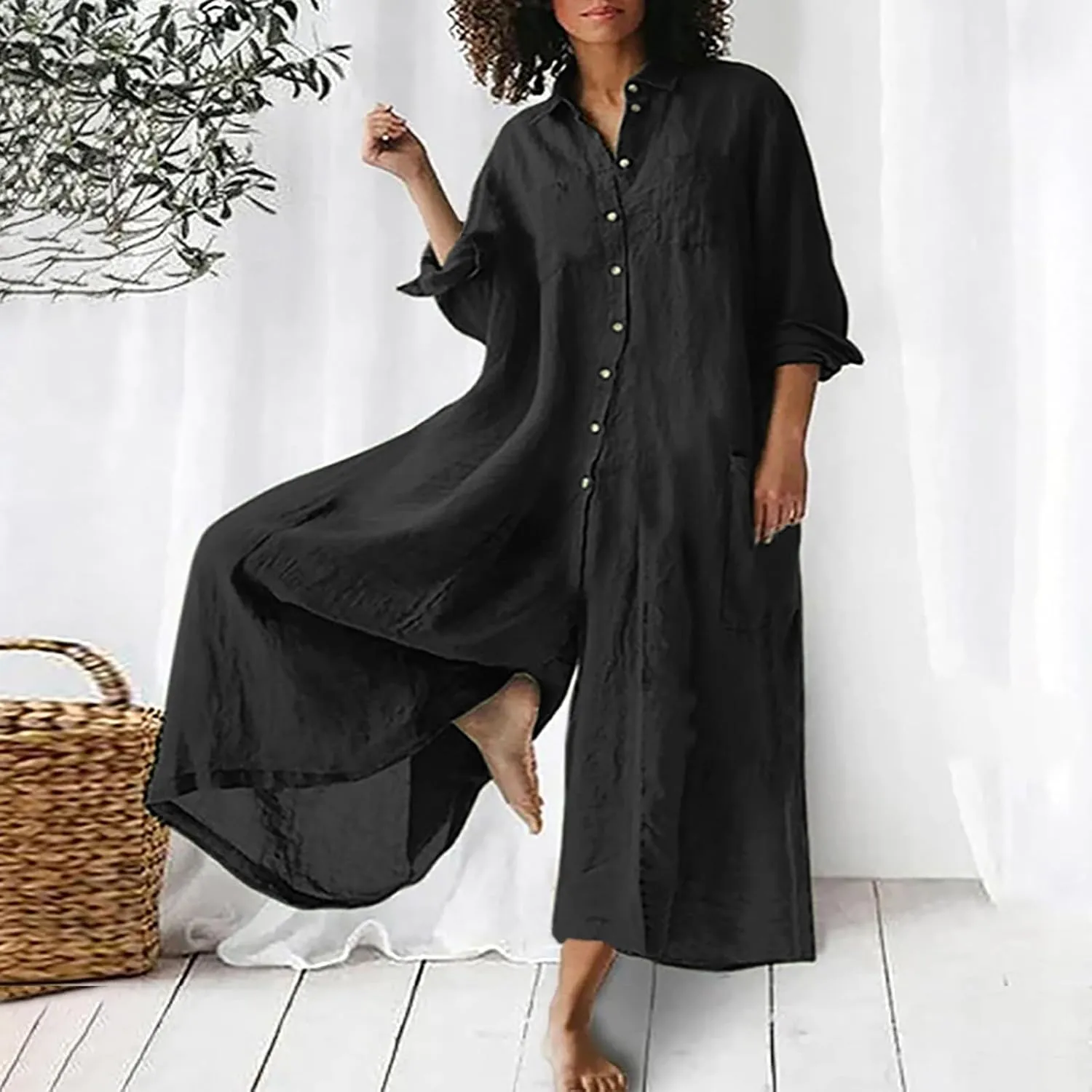 maisdgop Rompers for Women Linen Button down Long Sleeve Wide Leg Jumpsuit Beach Palazzo Pants Casual One Piece Jumpsuits