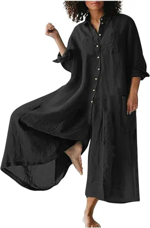 maisdgop Rompers for Women Linen Button down Long Sleeve Wide Leg Jumpsuit Beach Palazzo Pants Casual One Piece Jumpsuits