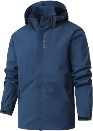 Men Waterproof Rain Jacket Casual Detachable Hood Raincoat Outdoor Lightweight Rain Shell Coat for Golf Hiking Travel