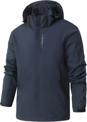Men Waterproof Rain Jacket Casual Detachable Hood Raincoat Outdoor Lightweight Rain Shell Coat for Golf Hiking Travel