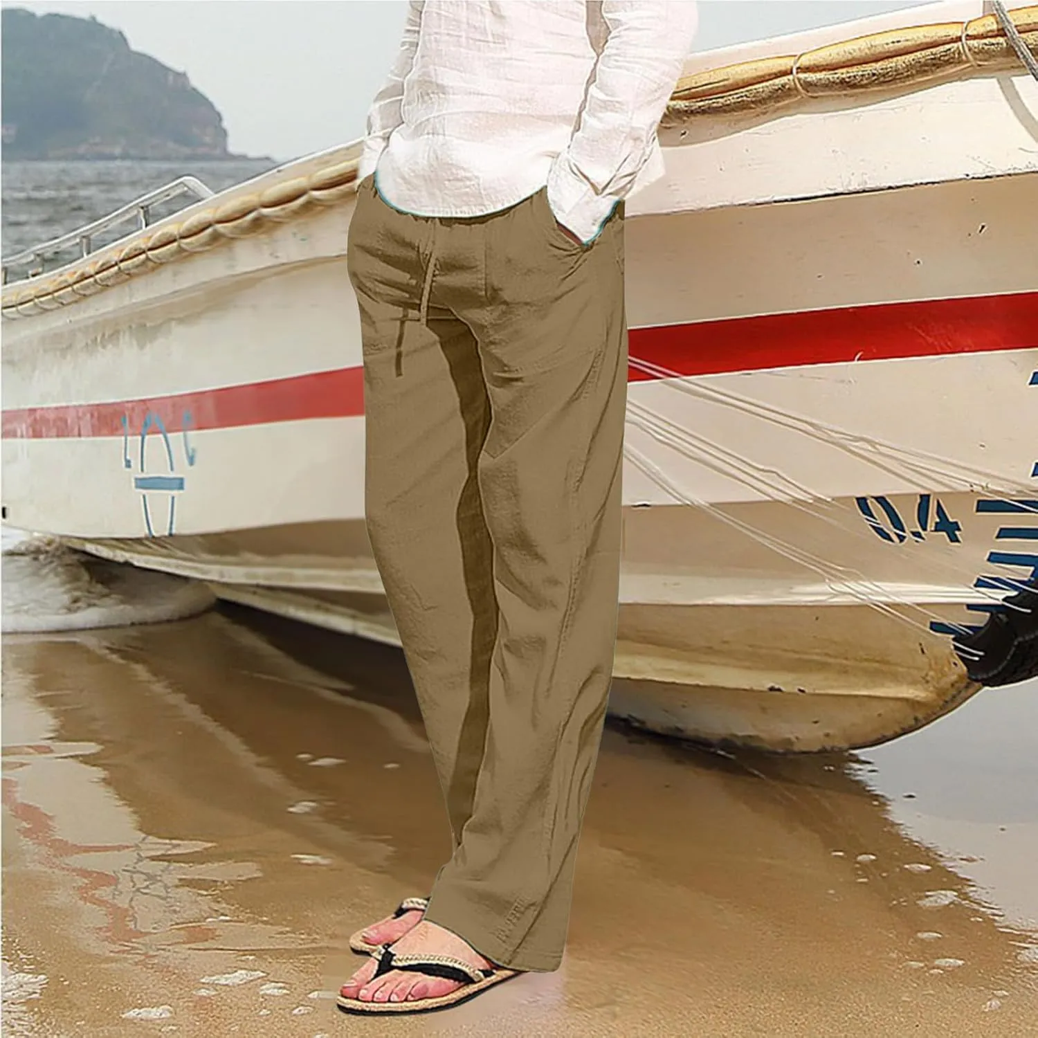 Mens Beach Linen Pants Casual Loose Fit Cotton Linen Pants Elastic Waist Straight Legs Summer Linen Pants with Pocket