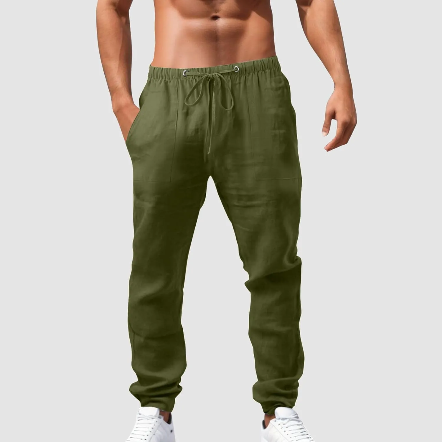 Mens Beach Linen Pants Casual Loose Fit Cotton Linen Pants Elastic Waist Straight Legs Summer Linen Pants with Pocket