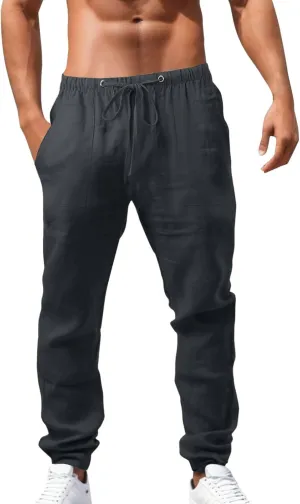 Mens Beach Linen Pants Casual Loose Fit Cotton Linen Pants Elastic Waist Straight Legs Summer Linen Pants with Pocket