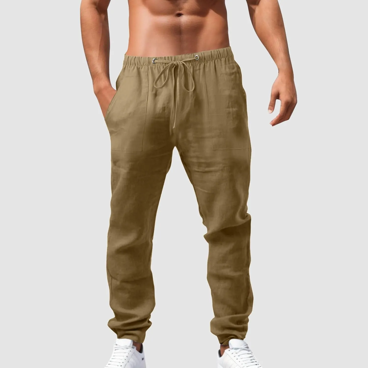 Mens Beach Linen Pants Casual Loose Fit Cotton Linen Pants Elastic Waist Straight Legs Summer Linen Pants with Pocket