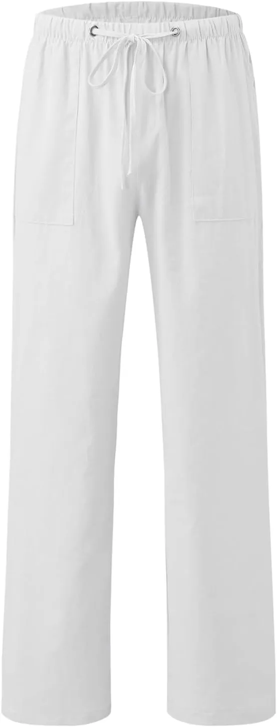Mens Beach Linen Pants Casual Loose Fit Cotton Linen Pants Elastic Waist Straight Legs Summer Linen Pants with Pocket