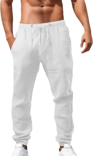 Mens Beach Linen Pants Casual Loose Fit Cotton Linen Pants Elastic Waist Straight Legs Summer Linen Pants with Pocket